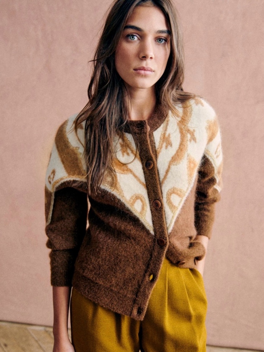 Sezane Brown and Cream Knit Cardigan